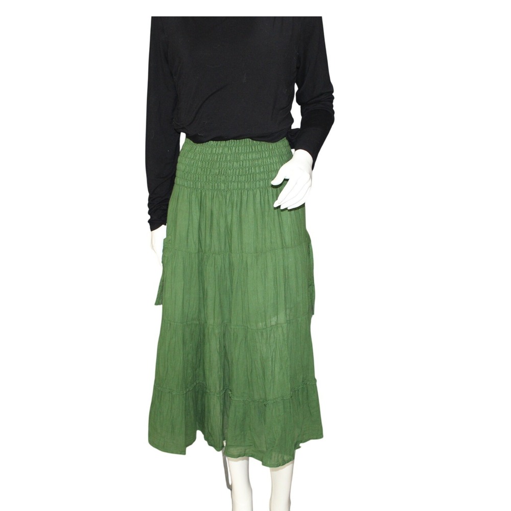 Green Smocked Convertible Maxi Skirt Strapless Dress Boho Small Medium